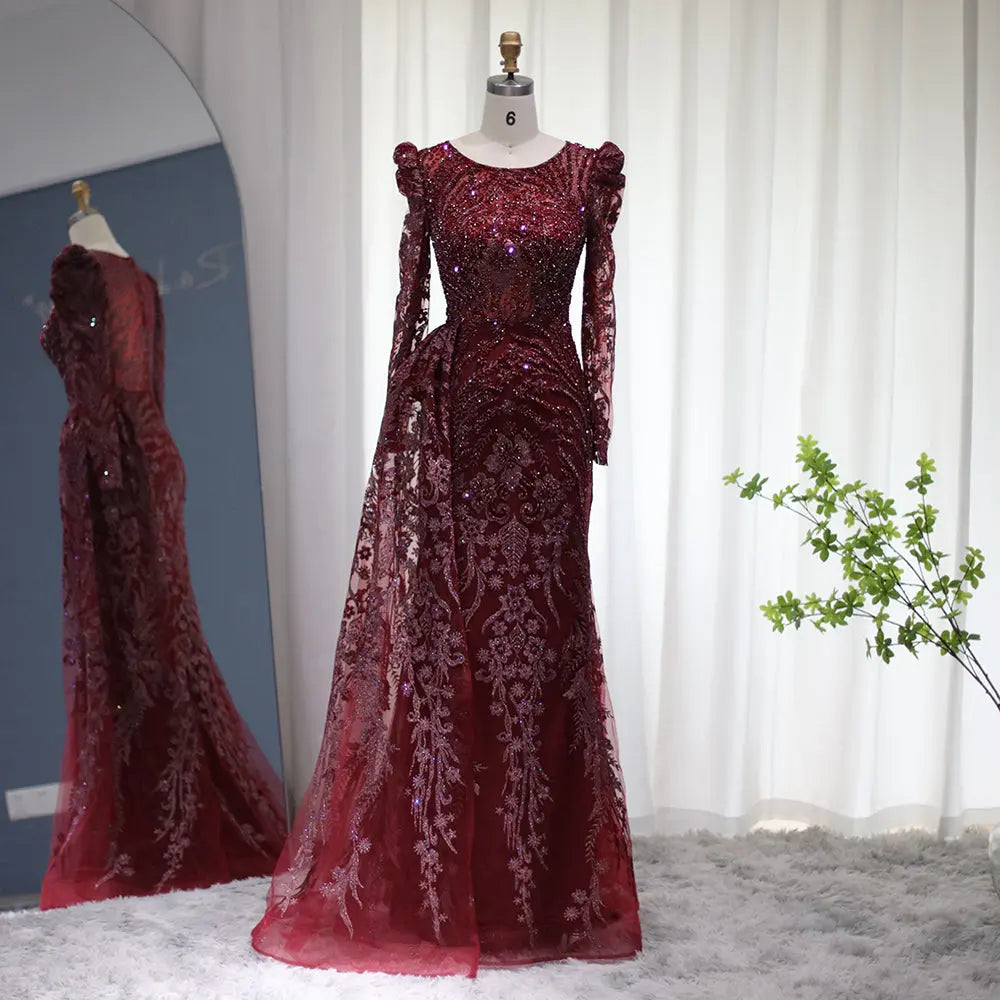 burgundy dubai evening dresses Burgundy Long Sleeve luxury Prom Dress Dubai Evening Formal Gown SC046 SELINADRESS