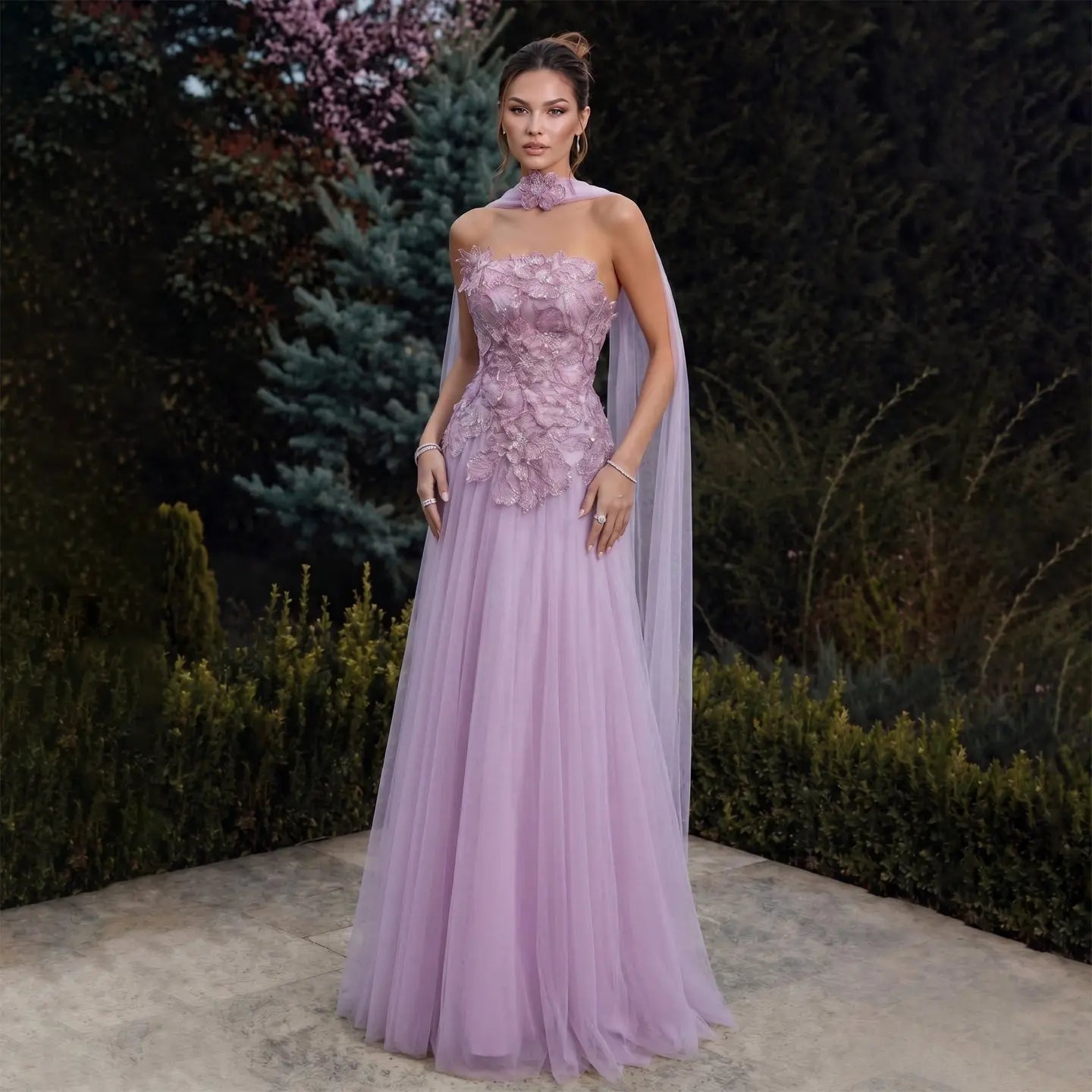 Luxury Pink 3D Floral Strapless Tulle Cape Evening Dress with