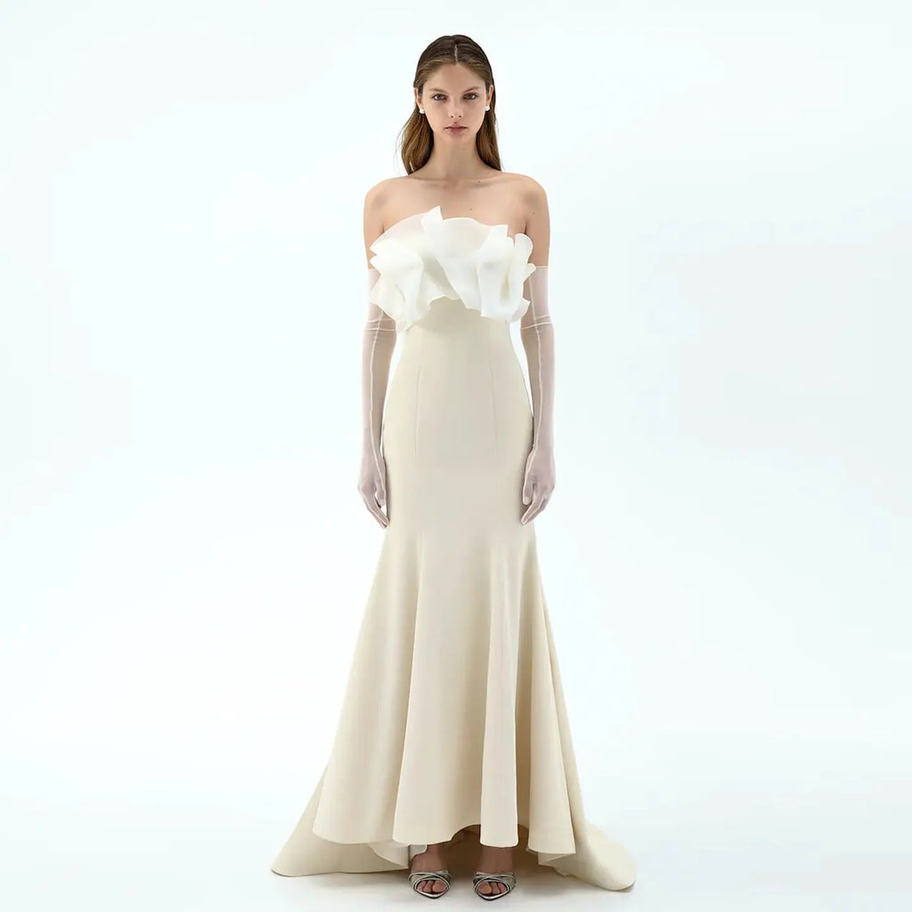 Elegant Beige Strapless Organza Layered Evening Dress SF087
