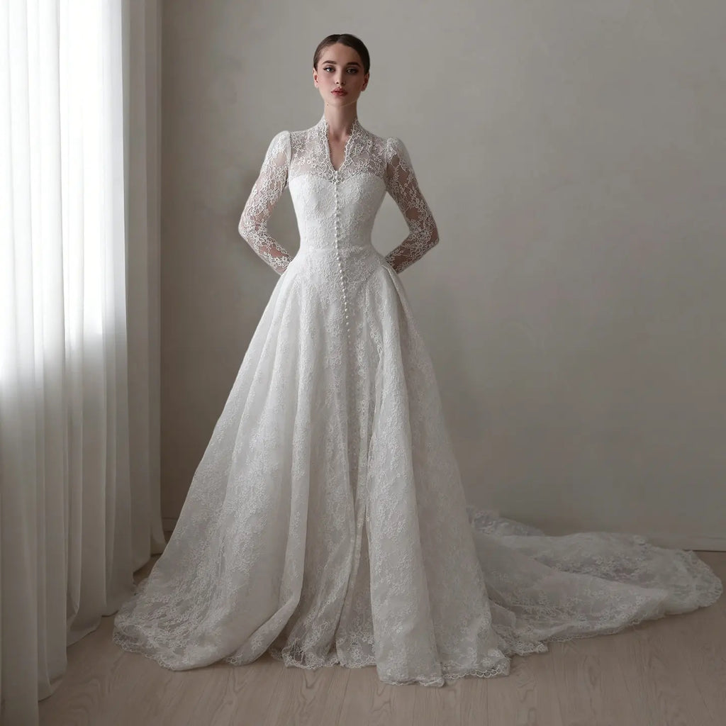 Vintag White Lace High Neck Long Sleeve A-Line Wedding Dress with Train SW272