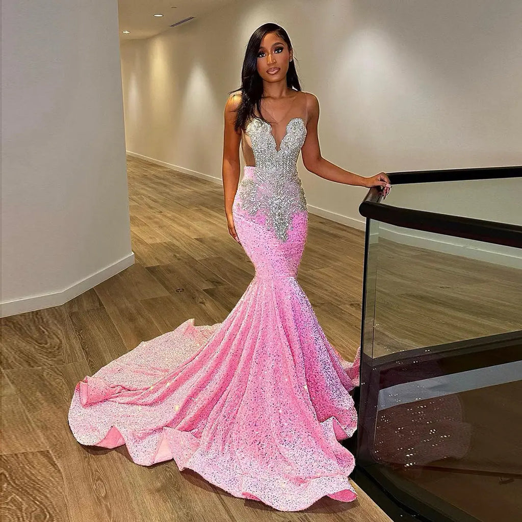 rhinestone mermaid dress Luxury Pink Sequined Crystal Prom RM061 Size:10XL | 48 (for waist size 52