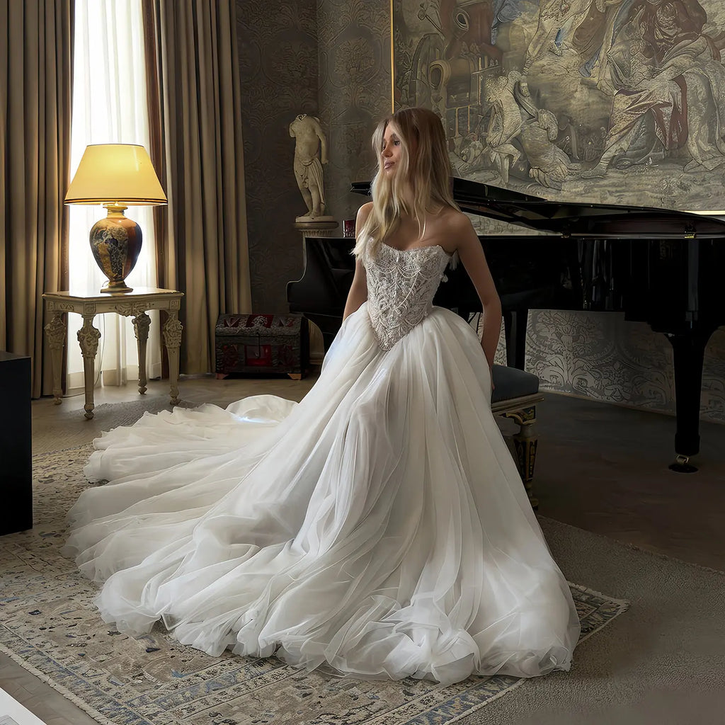 Elegant White Strapless Lace Corset Ball Gown Wedding Dress SW217 – SHARONSAID