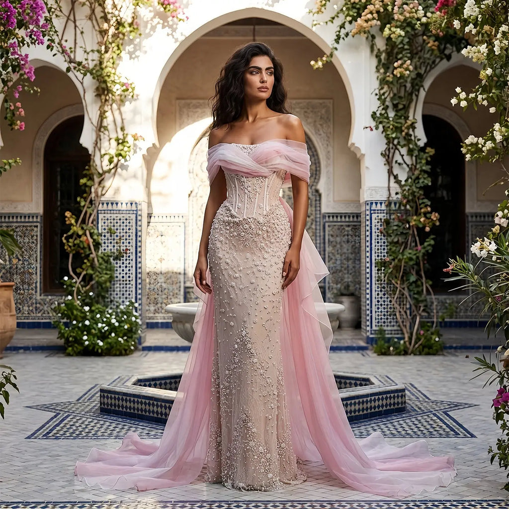 Glamorous Blush Pink Off-the-Shoulder Draped Sequin Evening Dress SS519