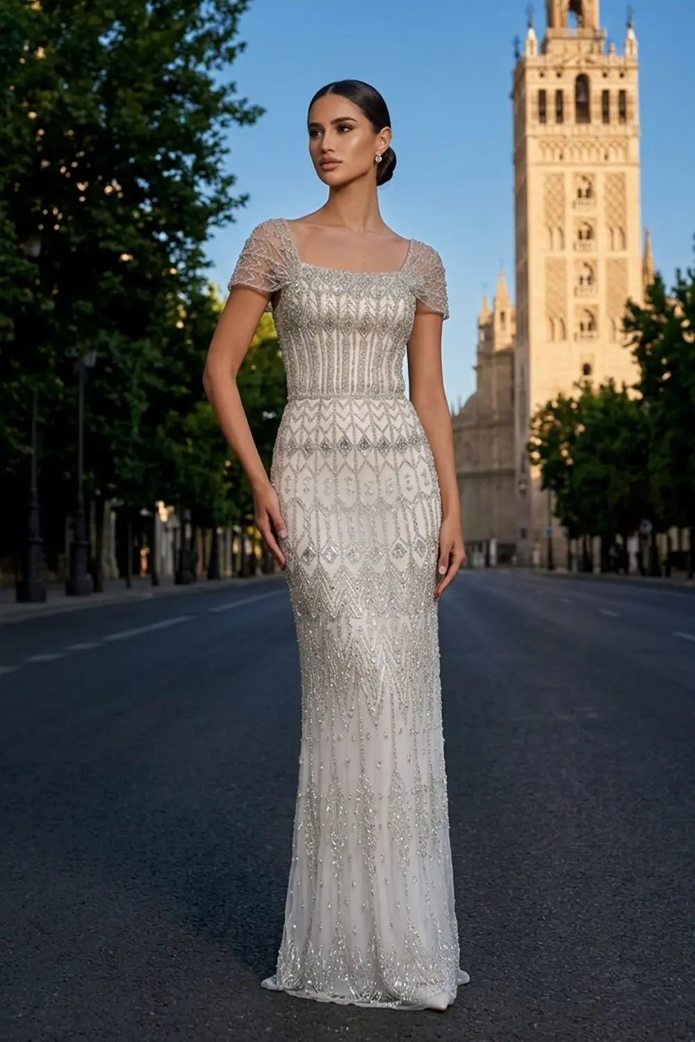 short sleeve beaded dress Luxury White Sleeves Evening SS291 Gowns Swirls of sparkle