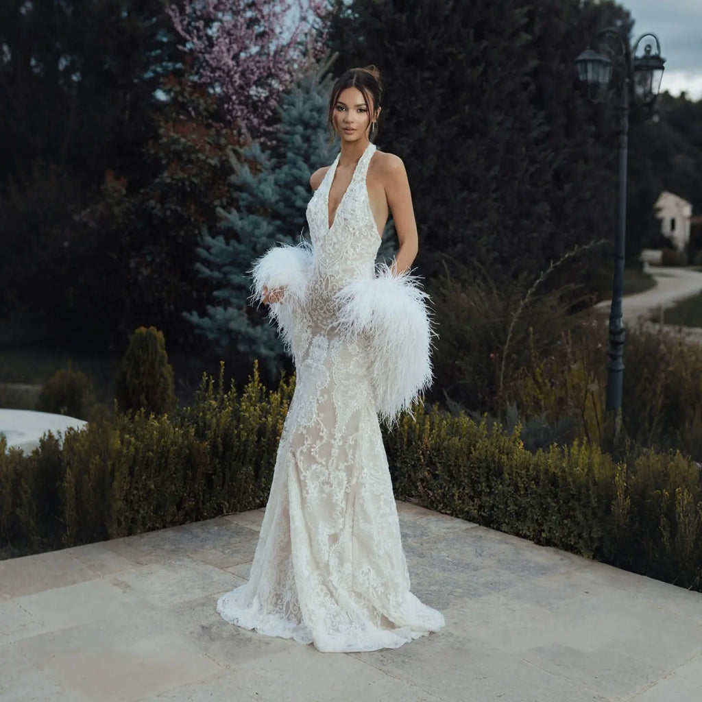 White Halter Backless Lace Mermaid Wedding Dress with Feather Shawl SW133