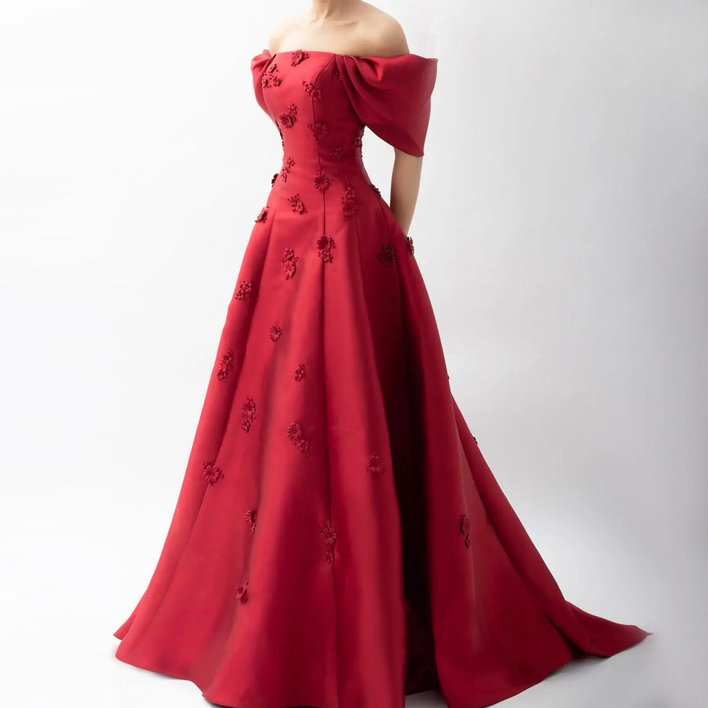 Elegant 3D Flowers Off Shoulder Red Evening Dress SF273 – SHARONSAID