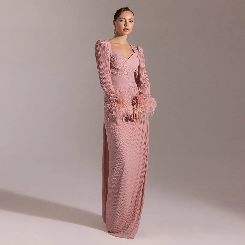 pink feather dress long sleeve Luxury Fuchsia Sleeves Evening with Feathers and Overskirt SF411 bridesmaid dressing gown Kid's Size:6-7Y Perfect plus Lola Grace Bridal |