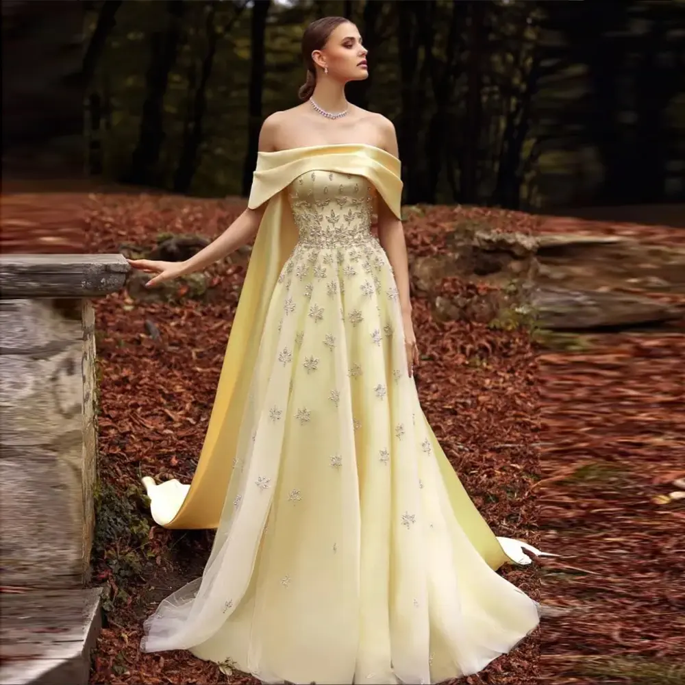 Luxury Yellow Off Shoulder Evening Dress with Cape Train SS455 Luxury Yellow Off Shoulder Evening Dress with Cape Train SS455