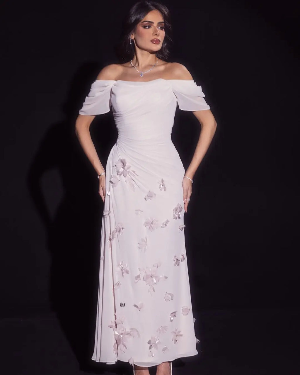 Light yellow evening dress with elegant 3D flowers and an overskirt model SF013