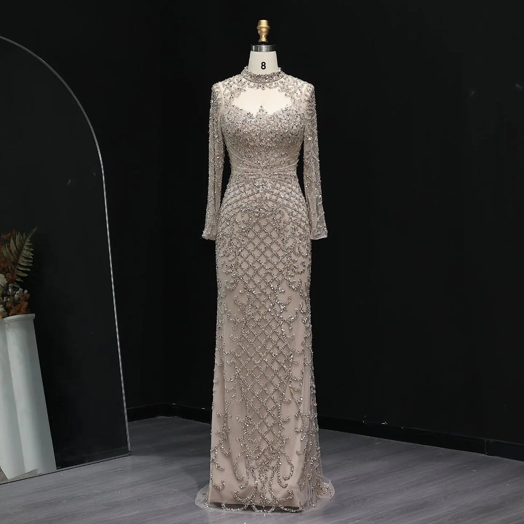 Heavy Beaded Luxury Champagne Long Sleeves Evening Dress SS097  SHARONSAID