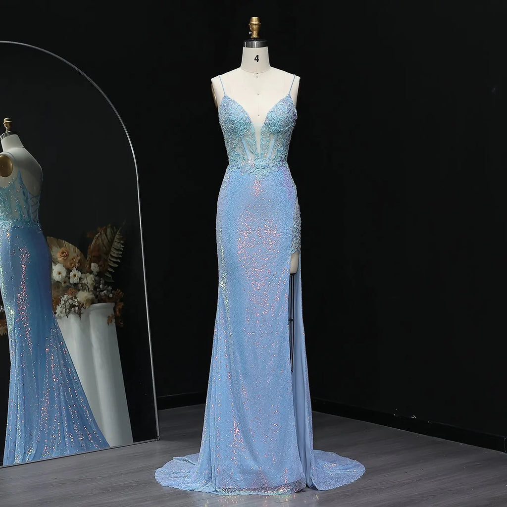 Luxury Light Blue Sheer Beaded High-Slit Mermaid Prom Dress SH502