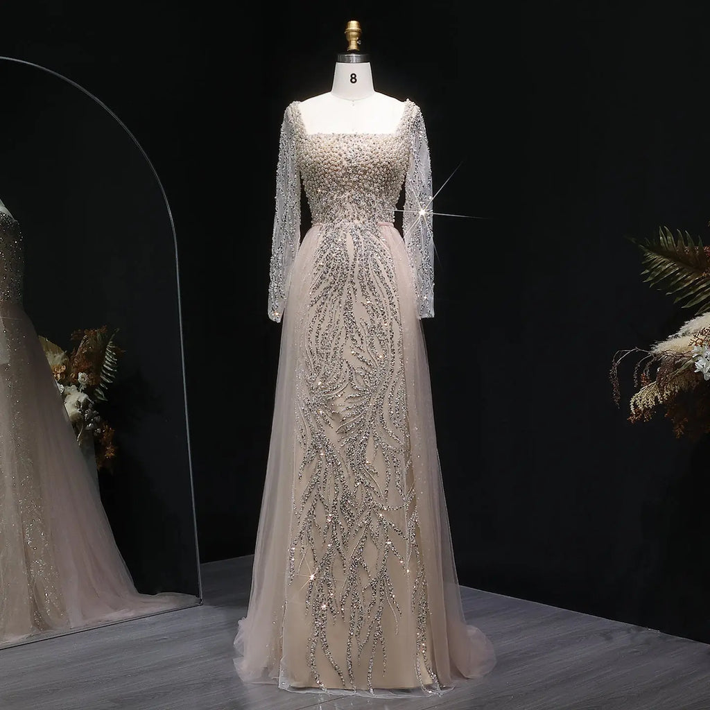 Luxury Beaded Champagne Long Sleeve Evening Dress SS632 – SHARONSAID