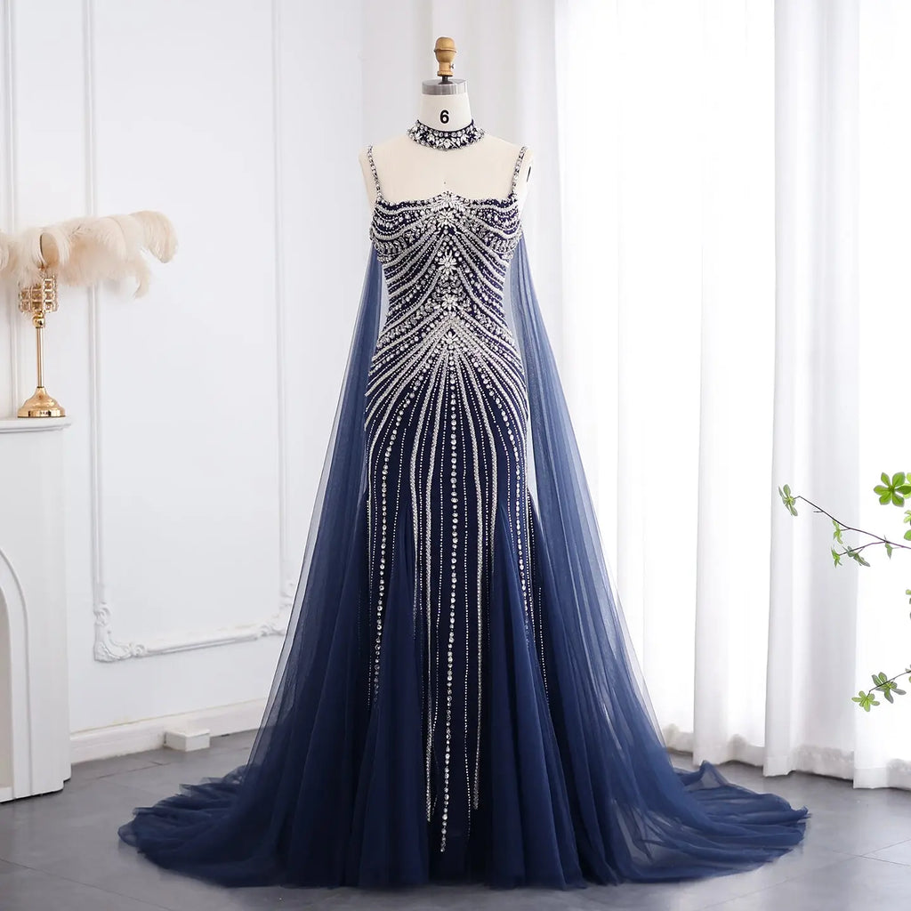Luxurious Navy Blue Long Evening Gown Mermaid Halter Neck Backless Party Dress