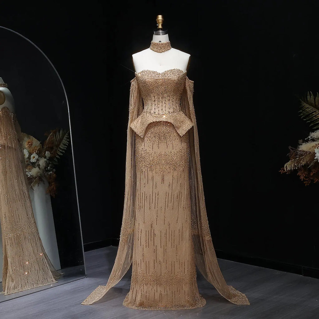 Stunning Gold Crystal Off Shoulder Evening Dress with Cape Sleeves
