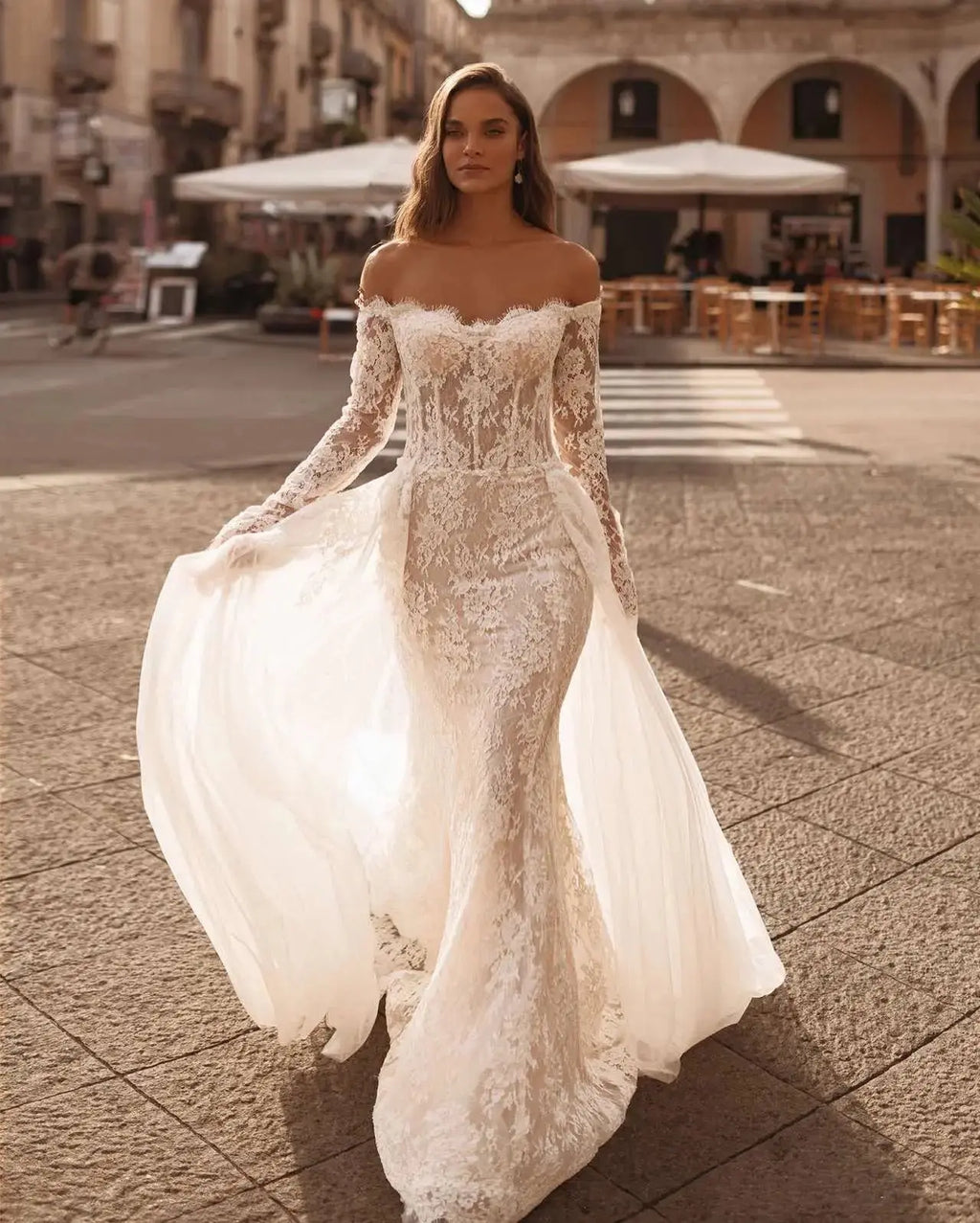 Romantic Off-the-Shoulder Lace Mermaid Wedding Dress with Tulle Overlay SW172