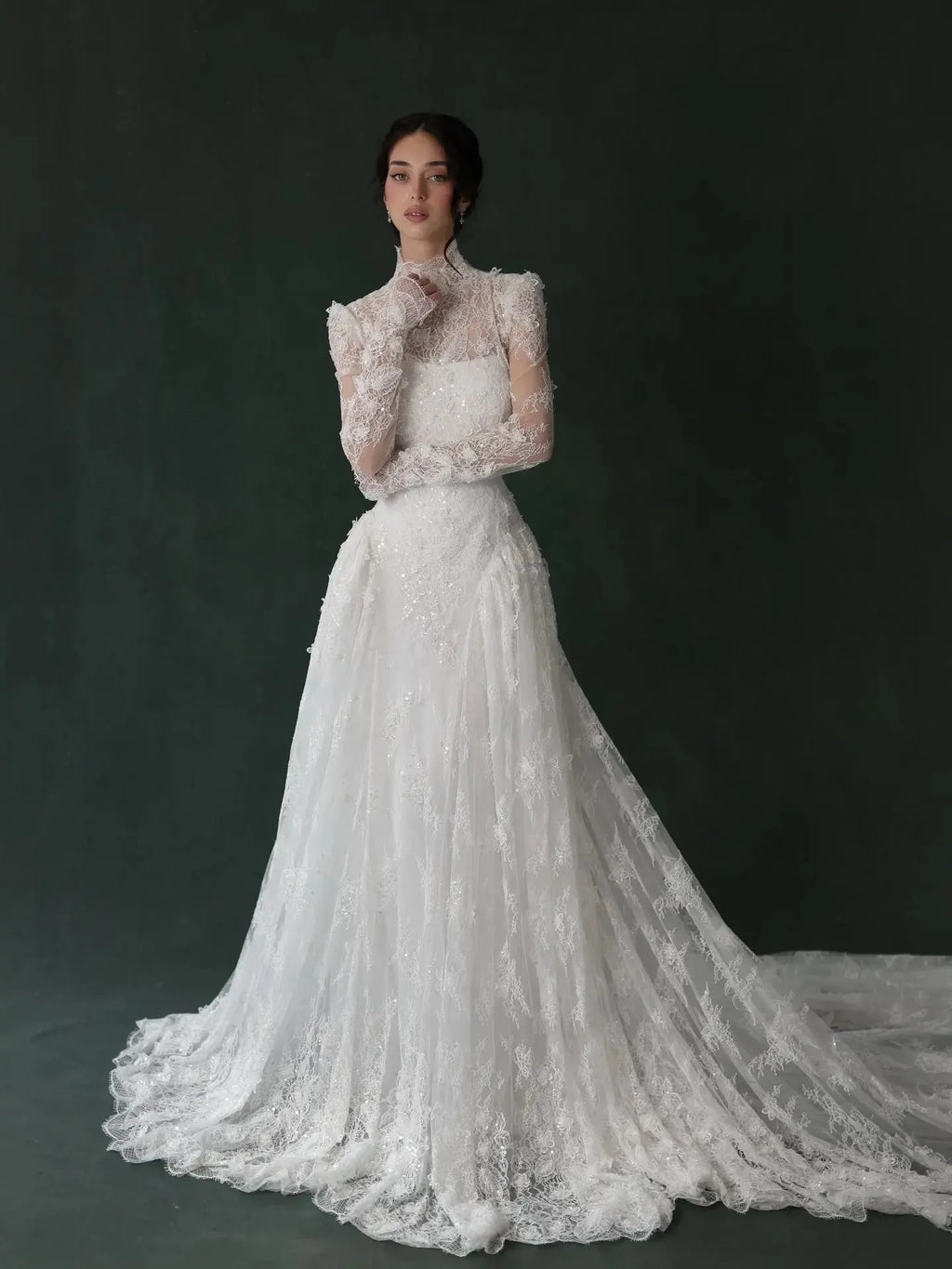 Classic Ivory Lace High Neck Long Sleeve A-Line Wedding Dress with Veil SW275