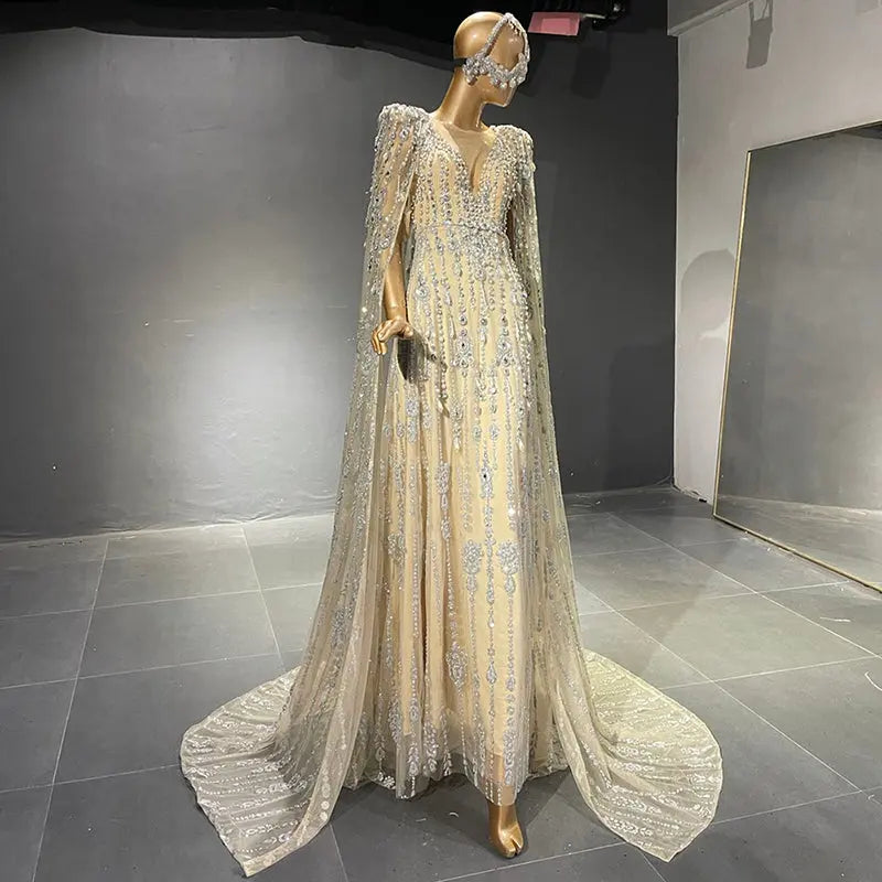 Luxury Crystal Pearls Evening Dress with Cape Sleeves SS750