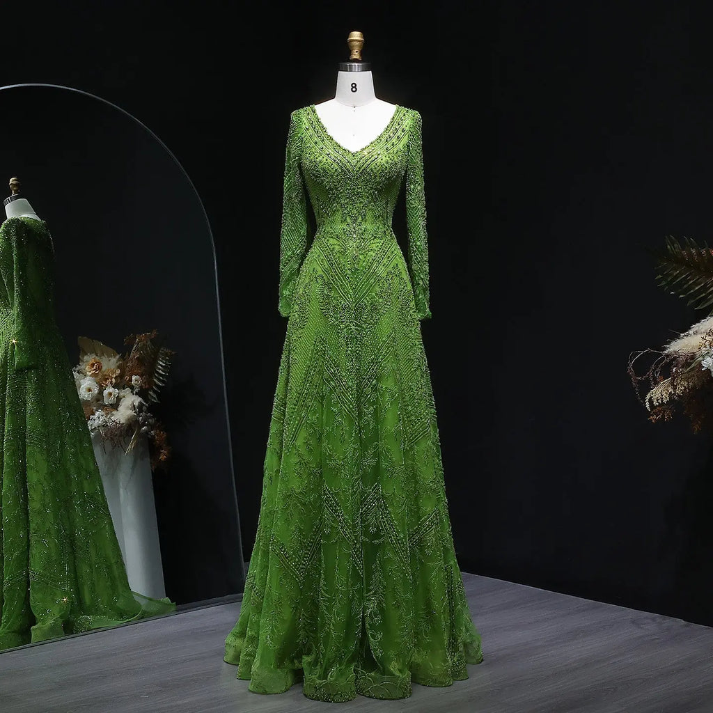 Elegant Lime Green Beaded Long Sleeve Evening Dress SS110