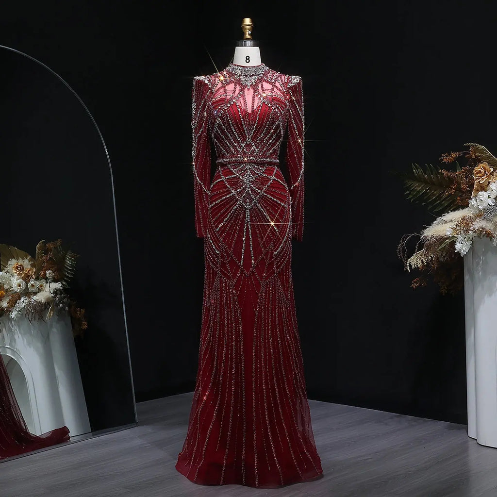 Luxury Wine Red Beaded Crystal Long Sleeve Evening Dress SS186