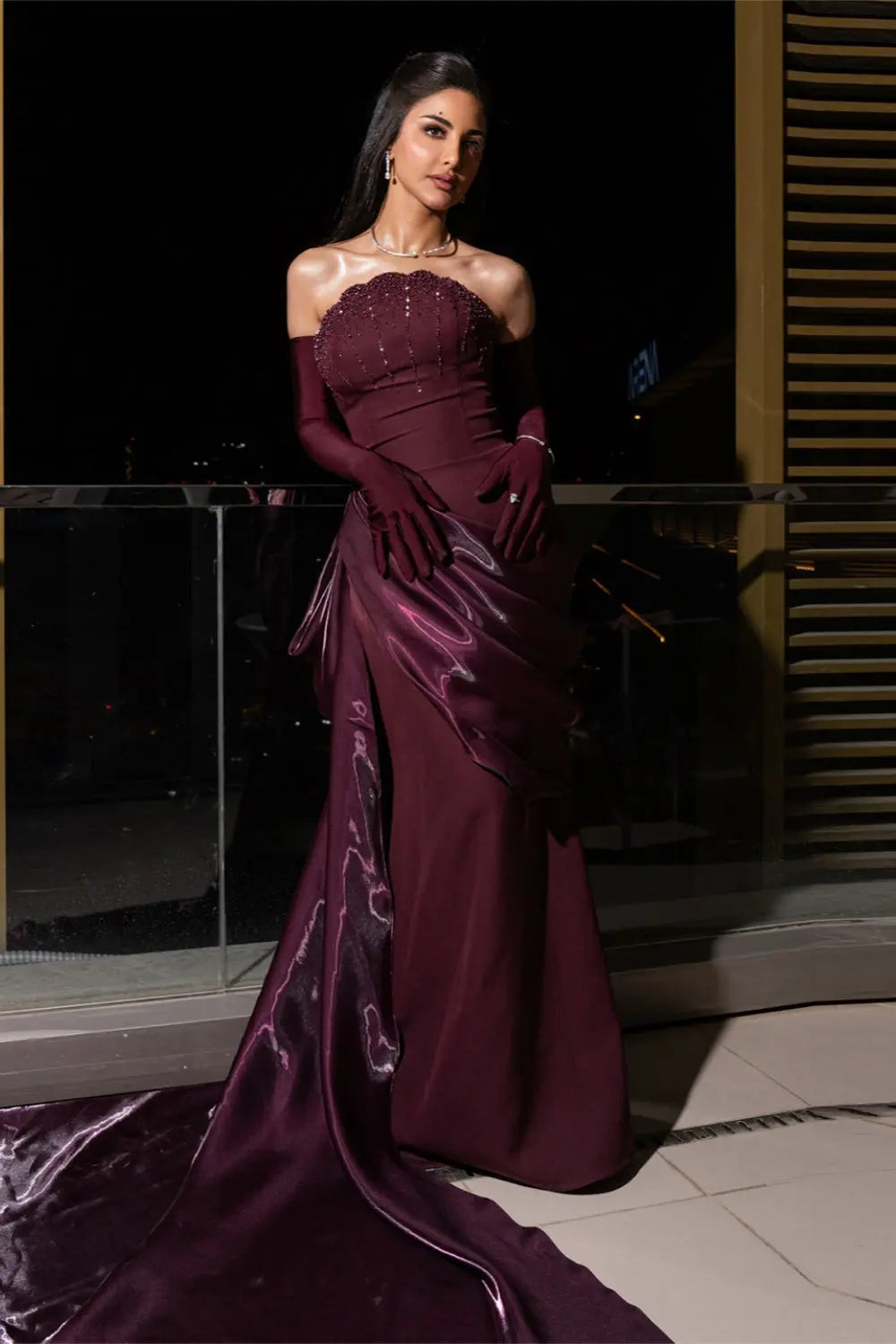 Romantic Burgundy Strapless Beaded Evening Dress with Statement Satin Draped Train SS608