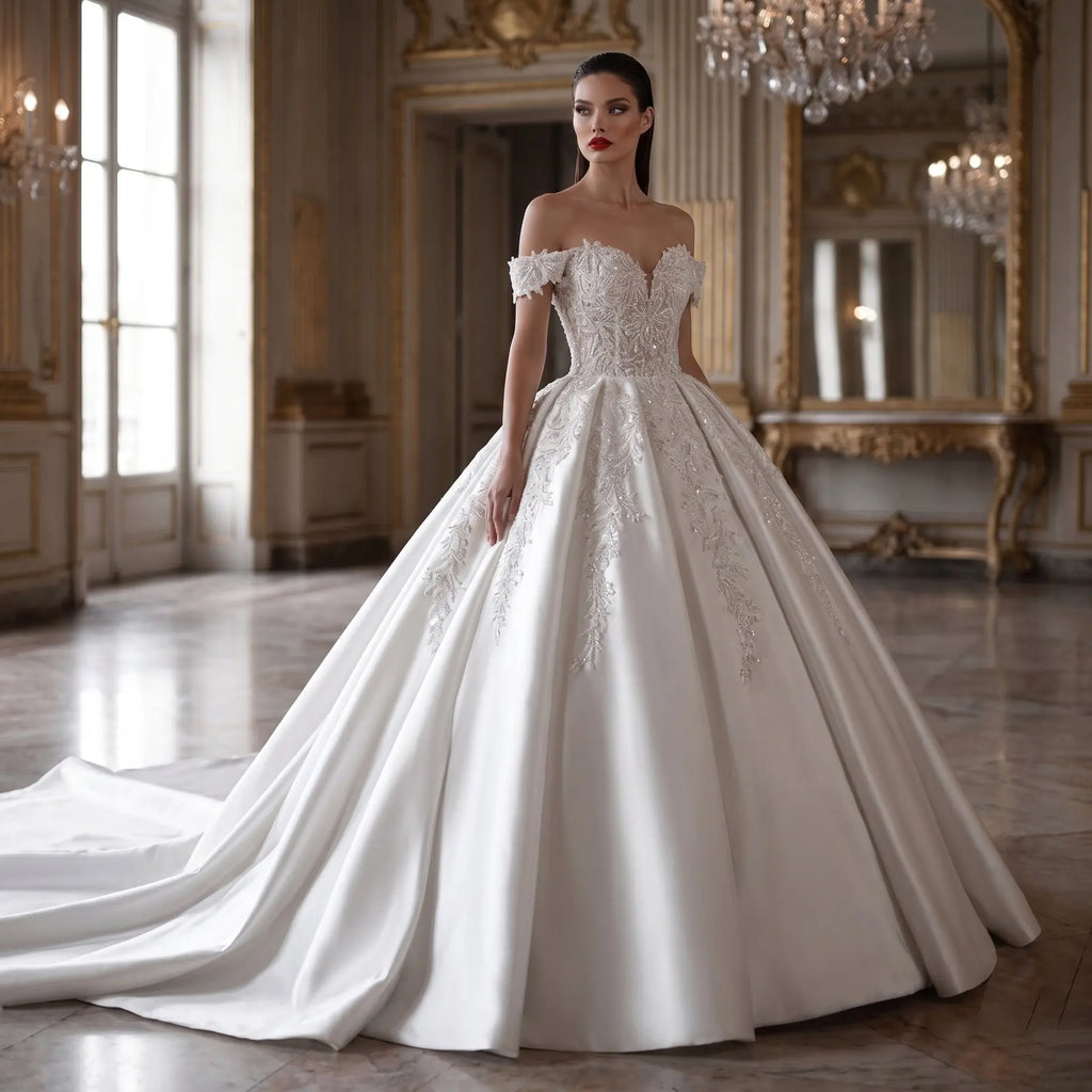 Luxury White Off-the-Shoulder Lace Satin Ball Gown Wedding Dress SW701