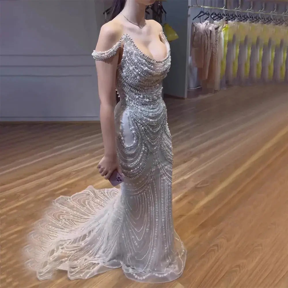 Luxury Silver Nude Crystal Beaded Mermaid Evening Dress with Cape LA73704 main image 0