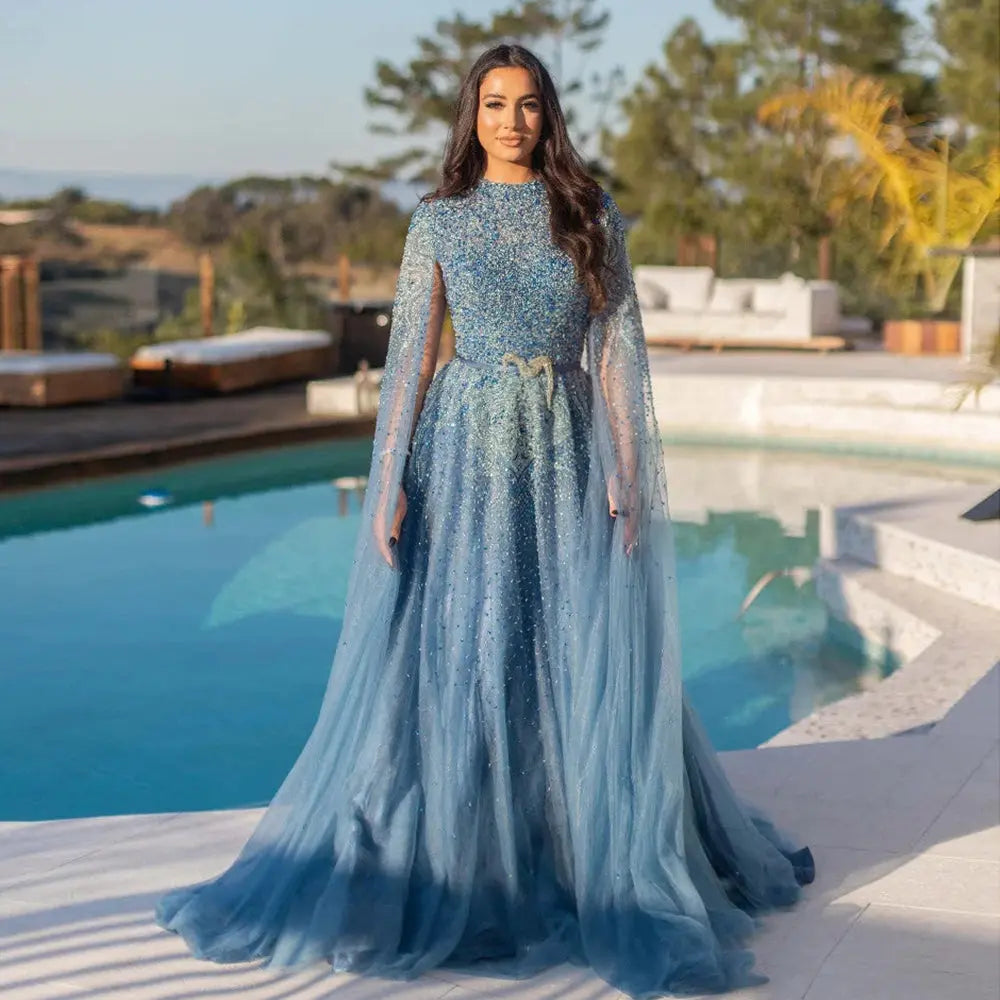 Luxury Blue High Neck Evening Dress with Cape Sleeves SS451