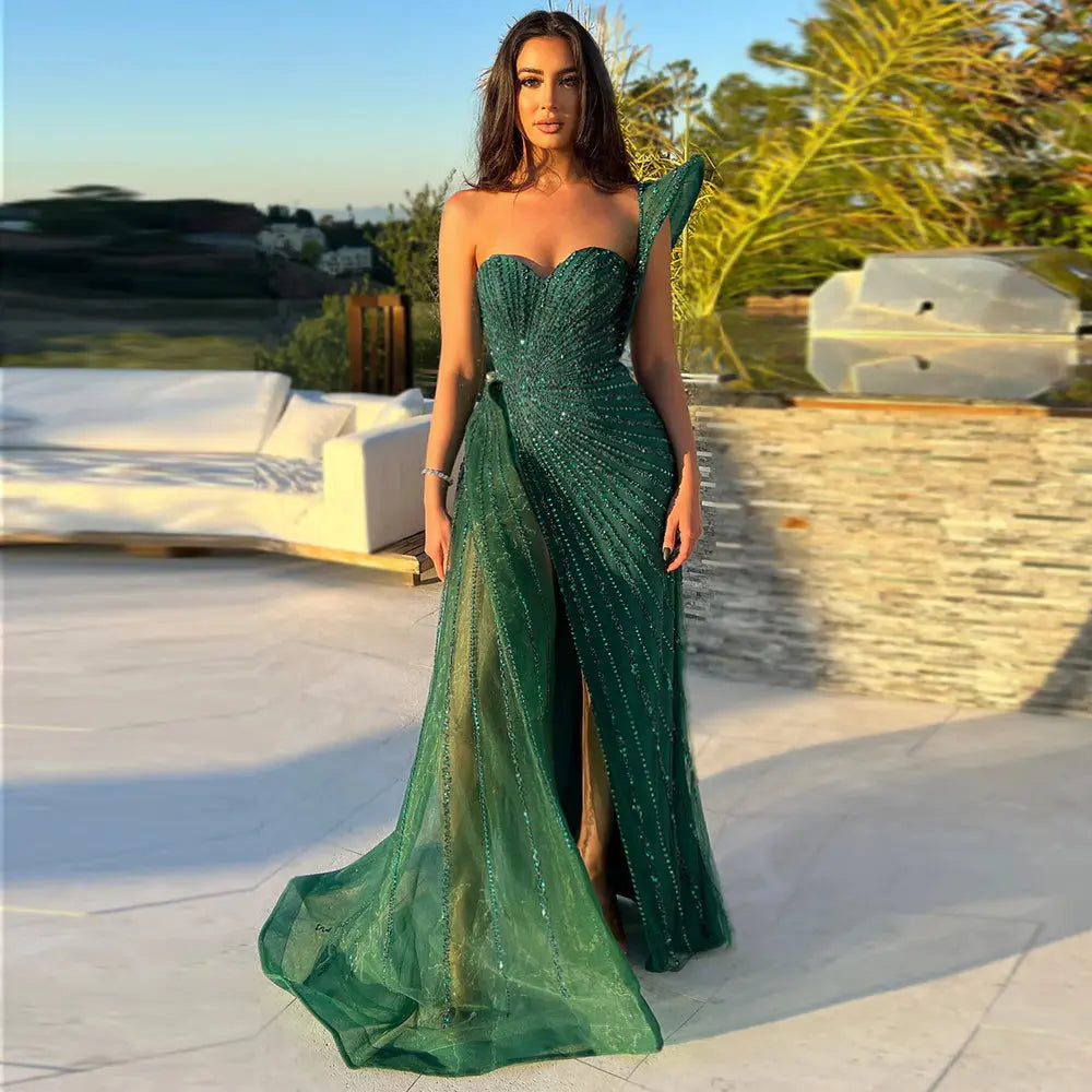emerald green formal dress one shoulder One Shoulder Sleeved Slit Emerald Green Prom Dress