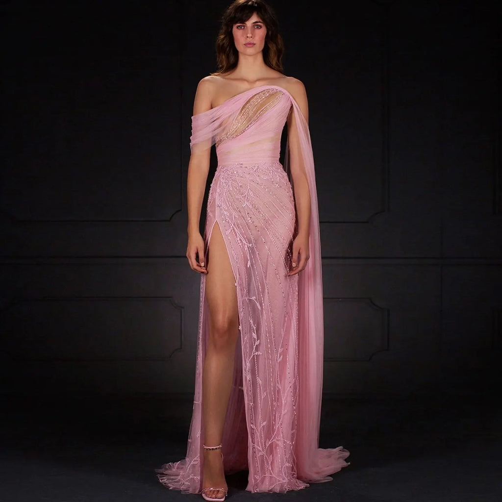 Pink Off Shoulder Evening Dress
