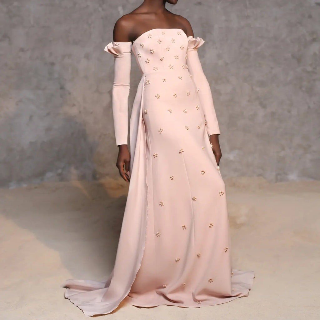 pink beaded luxury evening dress