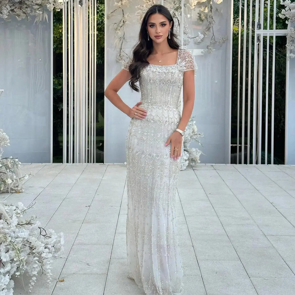Luxury White Beaded Short Sleeves Evening Dress SS291