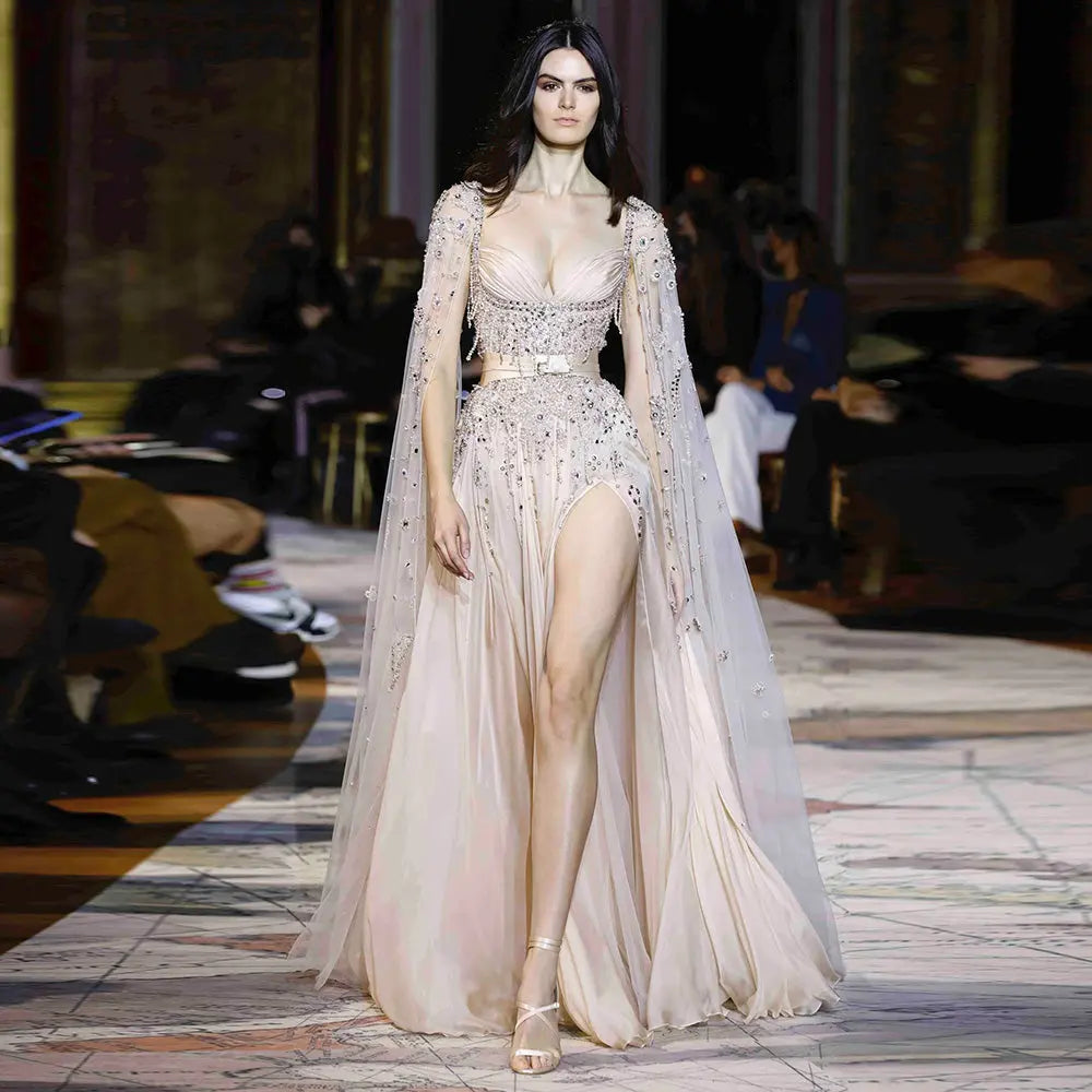 evening dresses tassel Luxury Beading Tassel Evening Dress with Cape Sleeves SS535