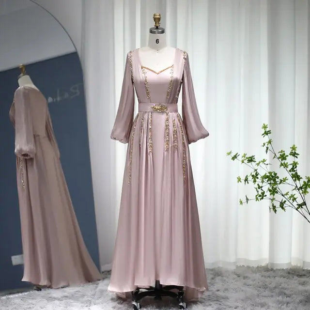 Elegant Rose Gold Long Sleeve Evening Dress SF283 – SHARONSAID