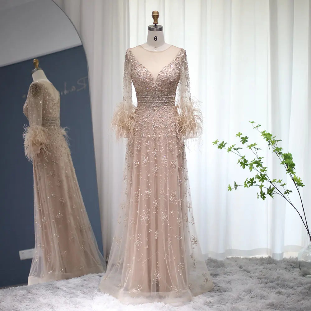 Luxury Champagne Feathers Long Sleeves Evening Dress SS101