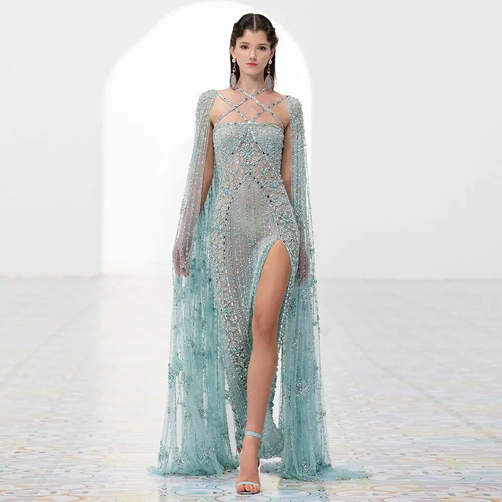 Luxury Aqua Crisscross Evening Dress with Cape Sleeves SS391