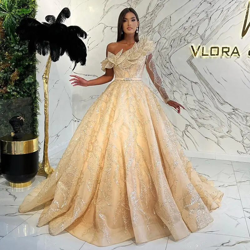 gold evening dresses for weddings Sparkly Gold V Neck A-line Long Prom Dresses Evening Dresses