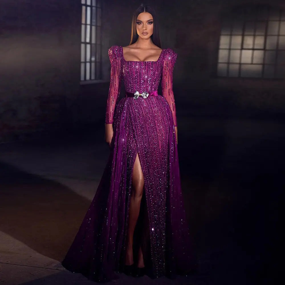 Luxury Fuchsia Long Sleeve Evening Dress with Overskirt SS318