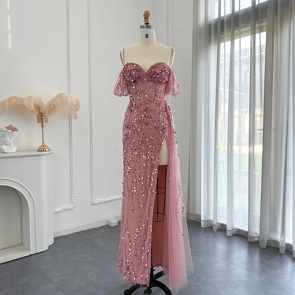 Luxury Pink Off Shoulder Evening Dress with Slit SS356 – SHARONSAID