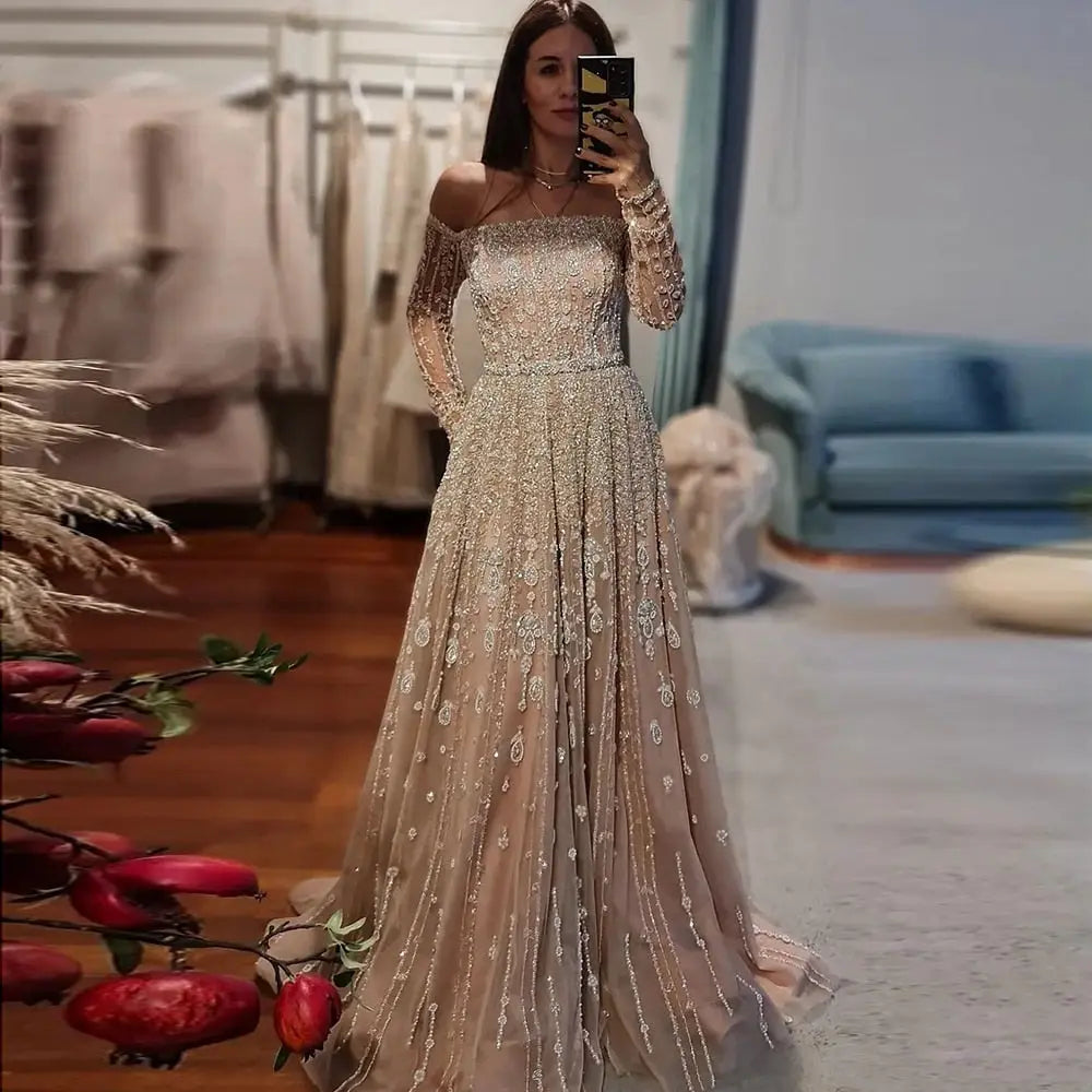 long sleeve nude dress Luxury Nude Off Shoulder Long Sleeves Evening Dress SS489