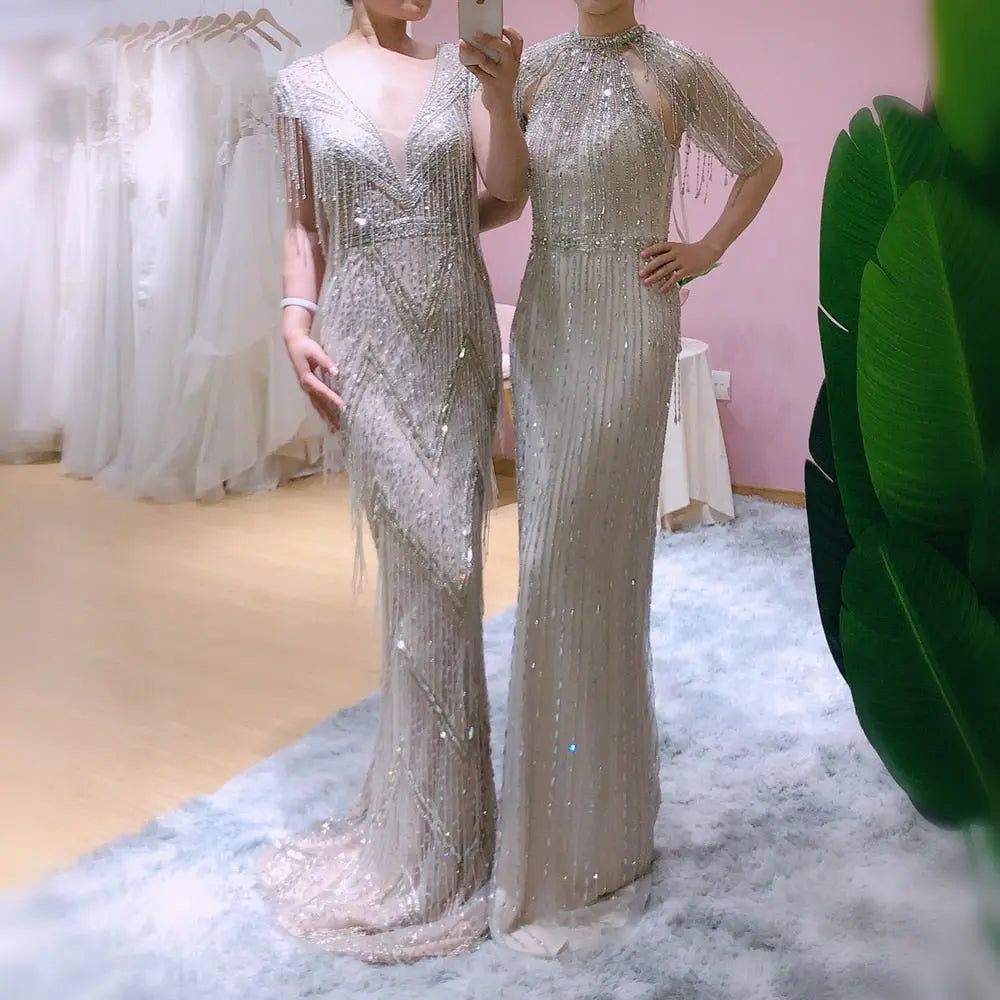 dress luxury silver women Luxury Silver Gray Overskirt Evening Dress For Women Wedding Party Tassel Elegant Arabic Long Plus Size Formal Prom Gown 6 6 Gray Gray