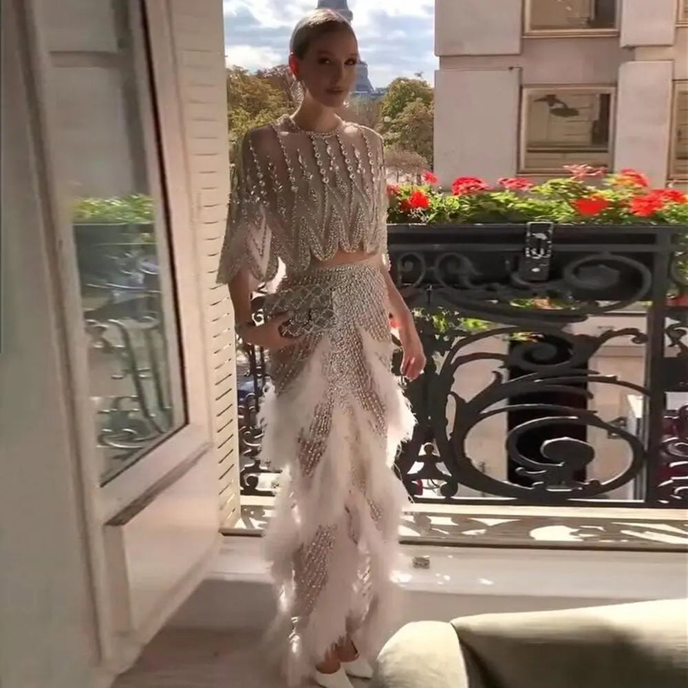 women dresses luxury Luxury White Feathers Two Pieces Evening Dress SS363