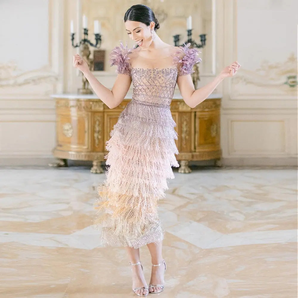 feather evening dress Luxury Feathers Tassel Lilac Evening Dress SS379