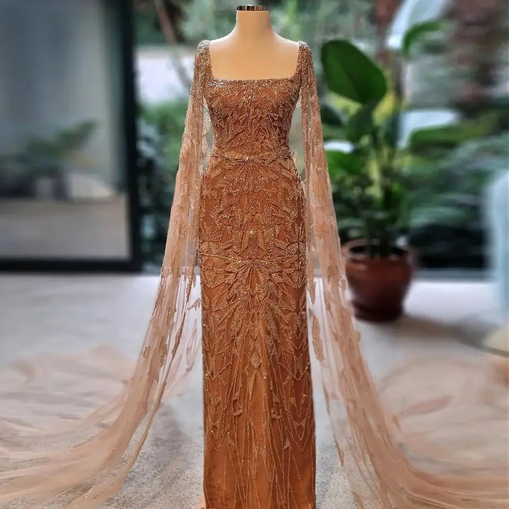 arabic dress dresses Final Sale Luxury Pink Square Neck Evening Dress with Cape Sleeves SS497