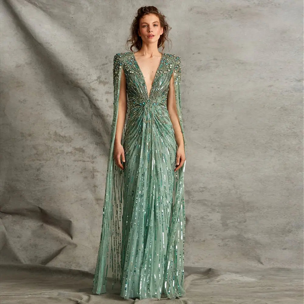 Luxury Dubai Green Evening Dresses with Cape Fuchsia Crystal Gold SS399 Luxury Dubai Green Evening Dresses with Cape Fuchsia Crystal Gold SS399