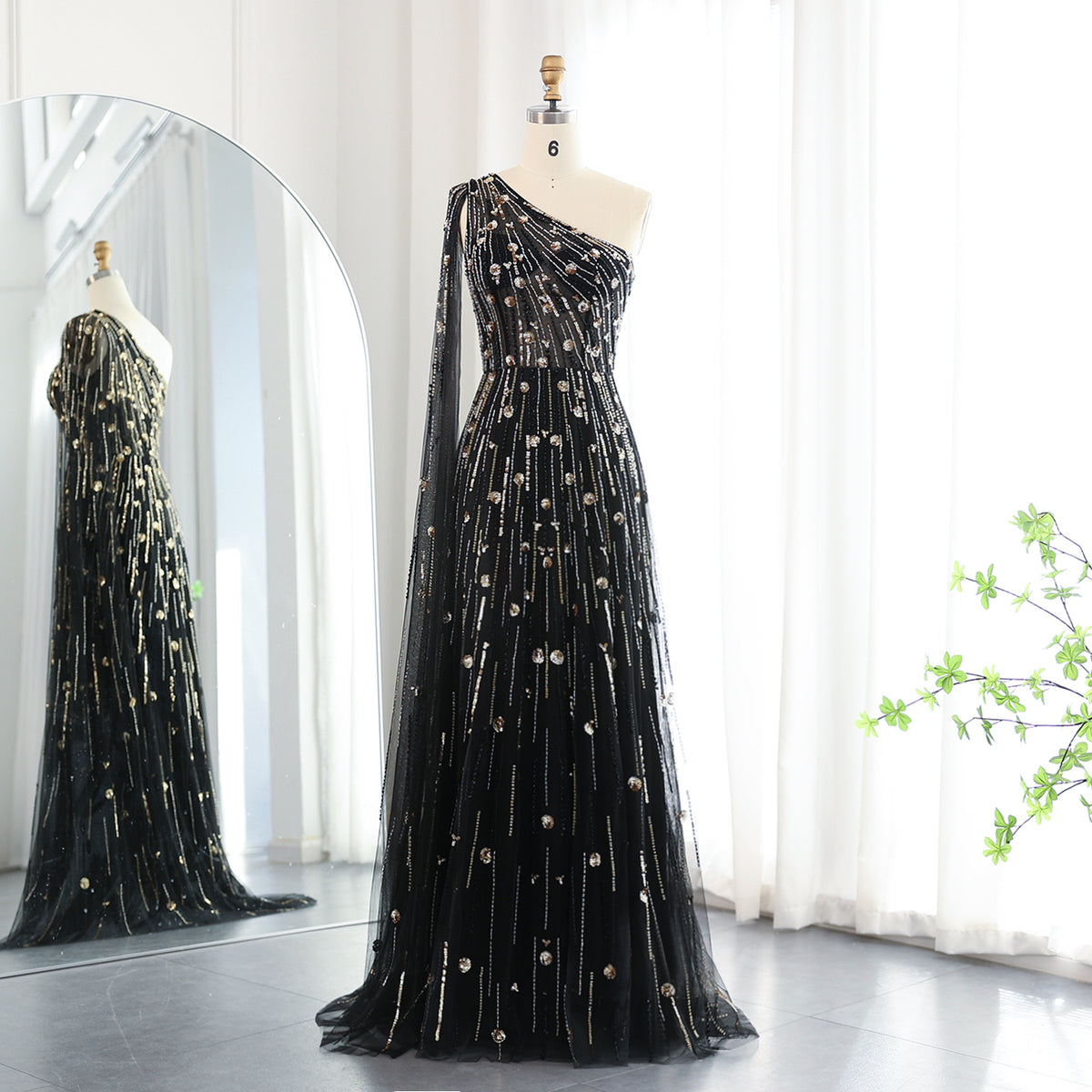 Sharon Said Luxuriöses schwarzes Abendkleid mit Perlen und einer Schulter und Cape-Ärmeln, Salbeigrün, Lila, Damen-Hochzeitskleider SS182