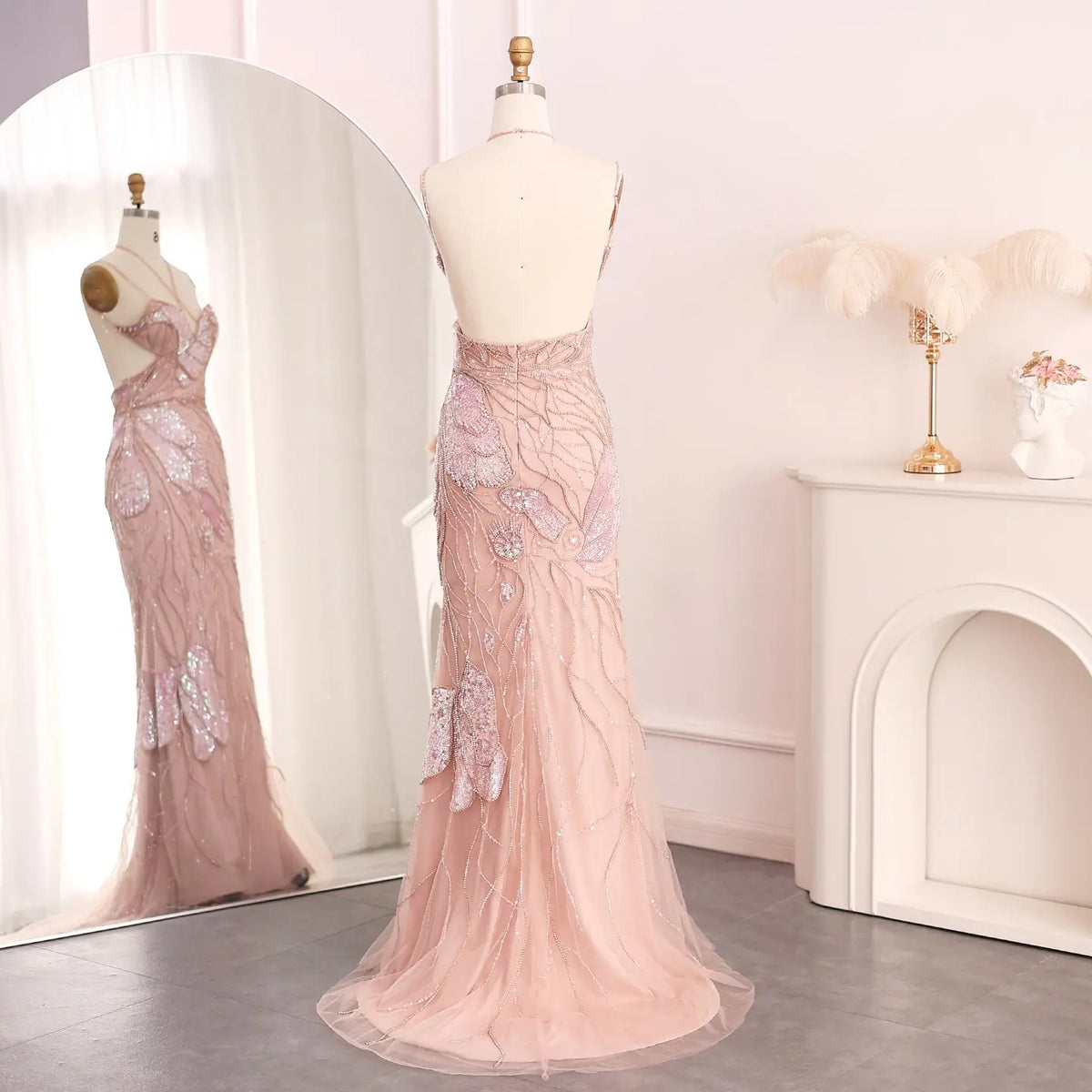 Luxury Pink Evening Dress with Feathers Scarf SS478 