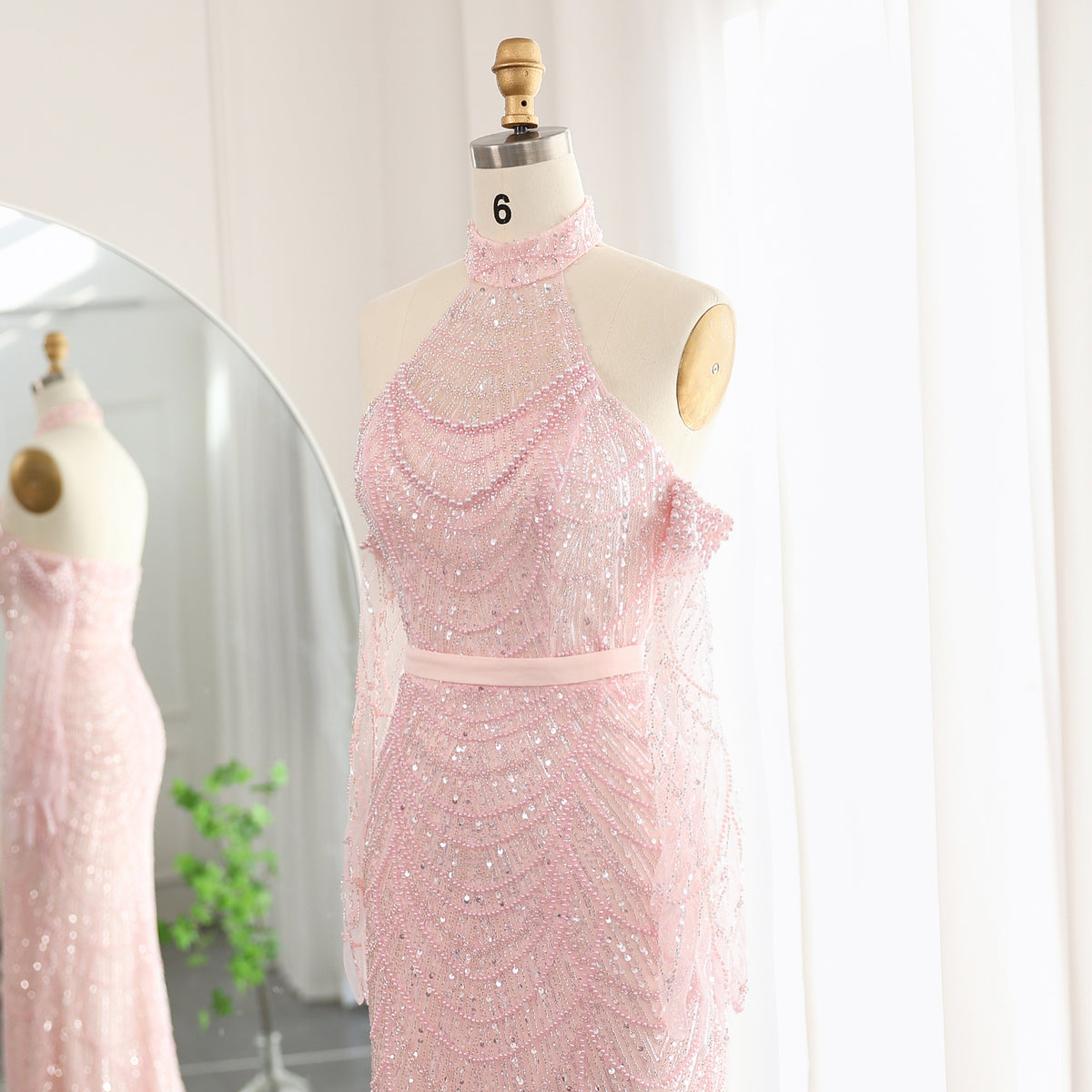 Luxury Nude Halter Mermaid Evening Dress with Gloves SS689 