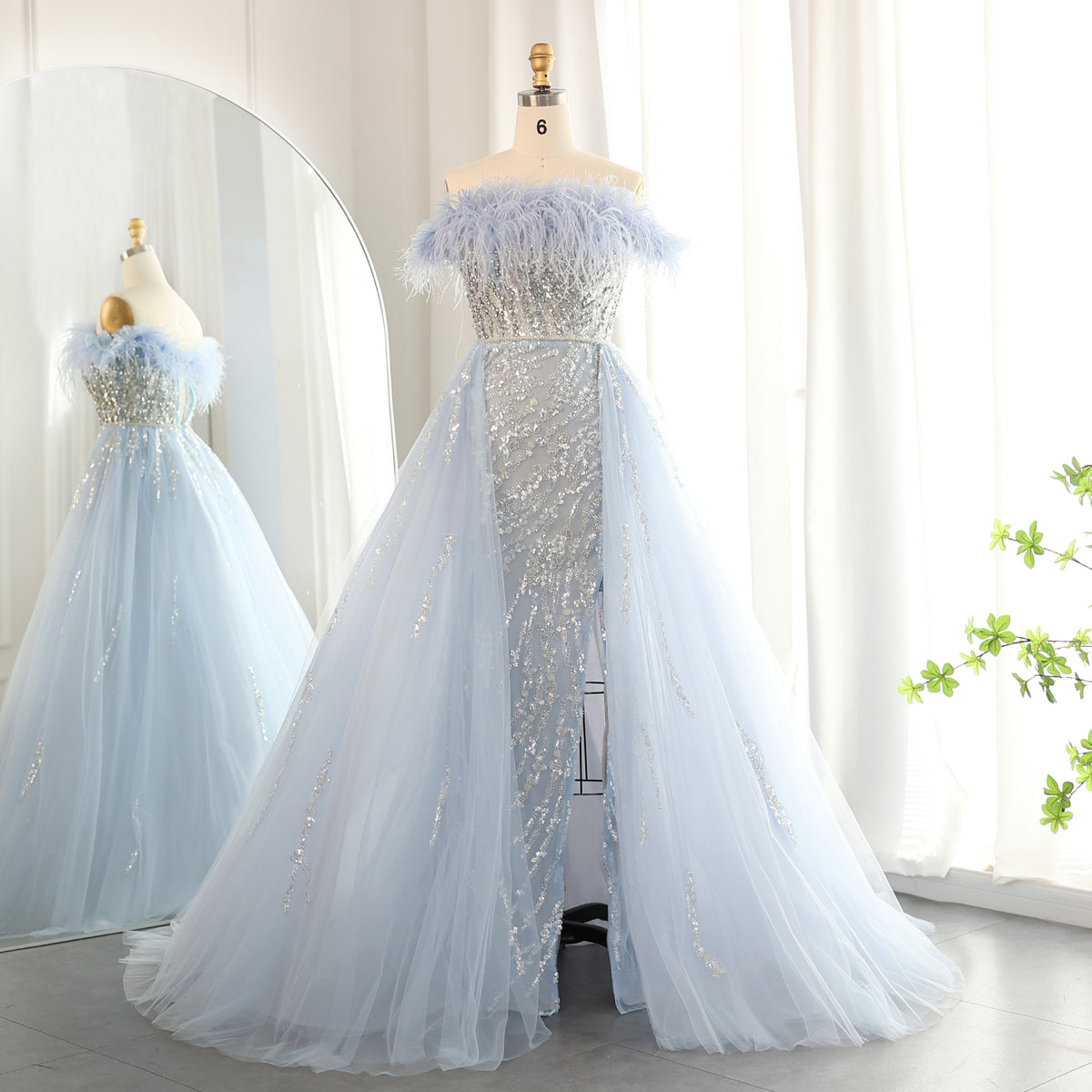 Luxury Feathers Lilac Evening Dress with Overskirt SS252 