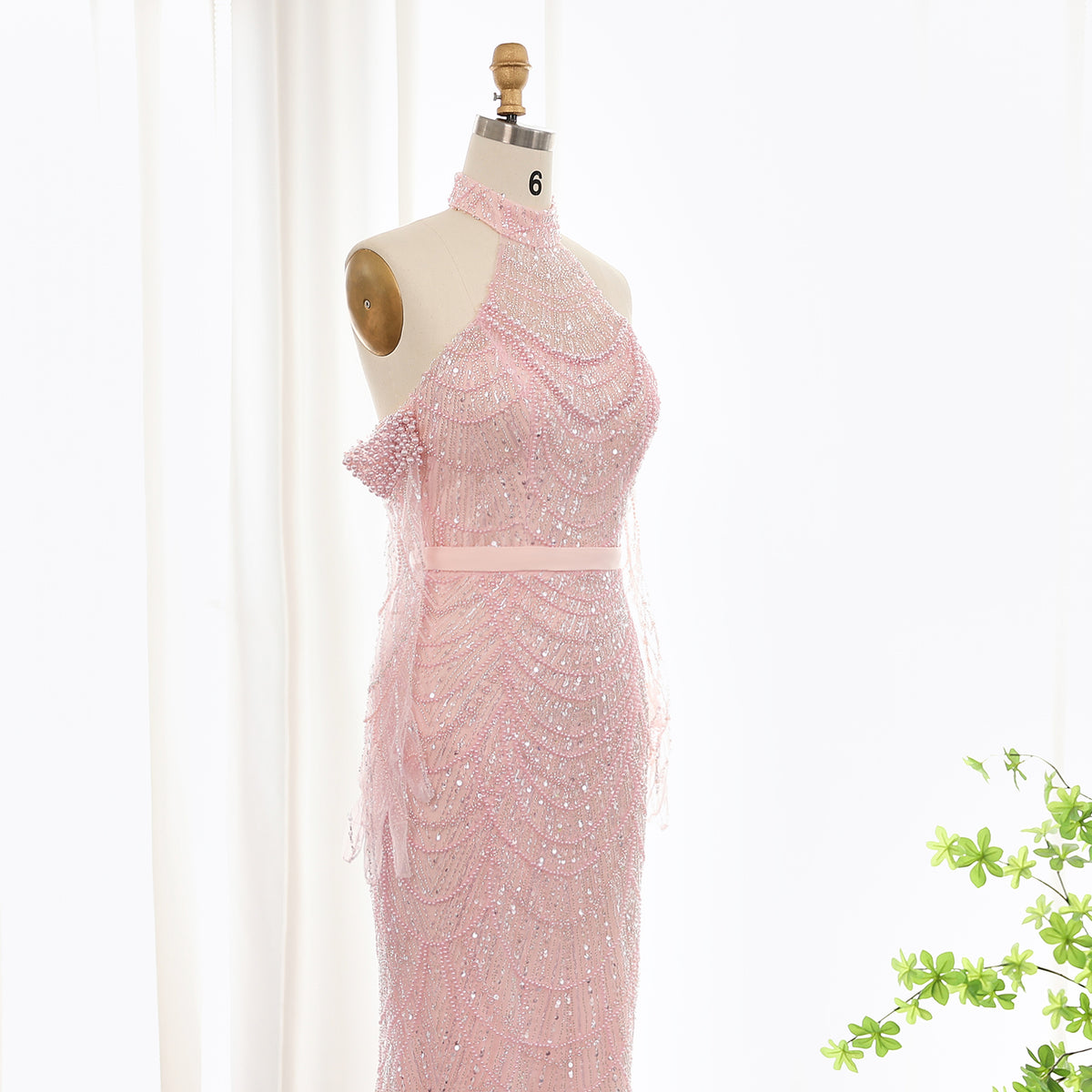 Luxury Nude Halter Mermaid Evening Dress with Gloves SS689 