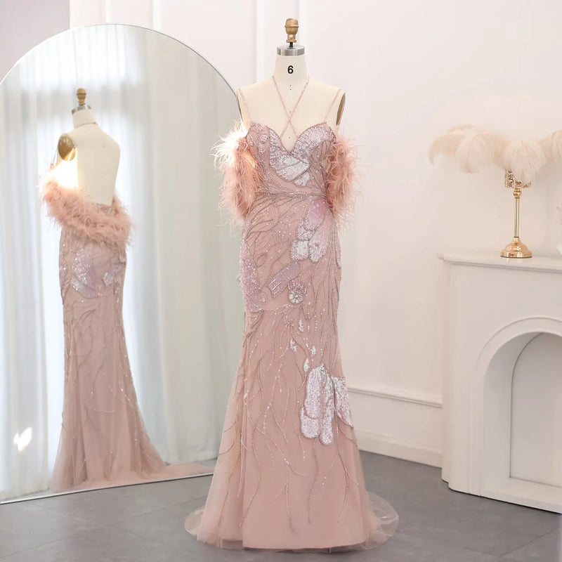 Luxury Pink Evening Dress with Feathers Scarf SS478 